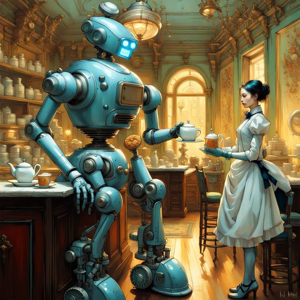 Victorian Robot Butler in Maximalist Fantasy Style
