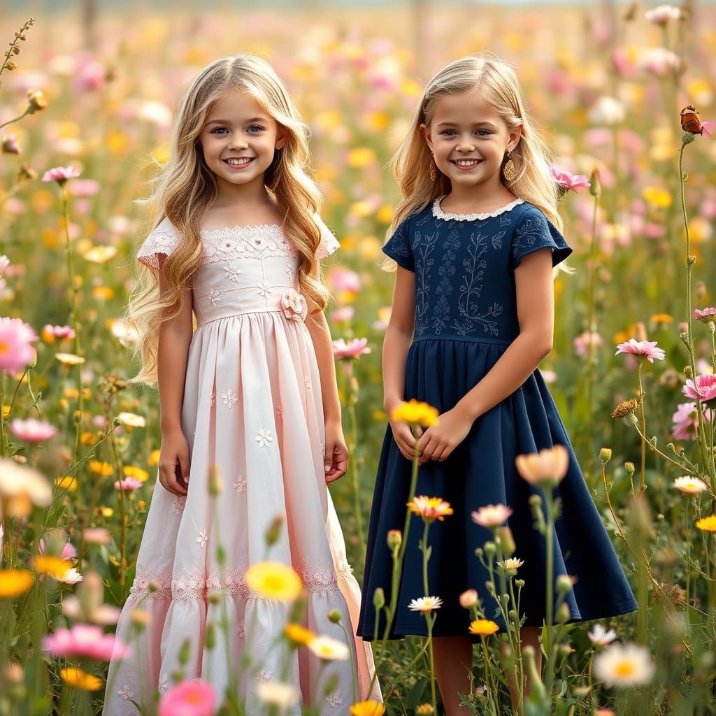 Realistic Girls in a Lush Flower Field with Elegant Dresses