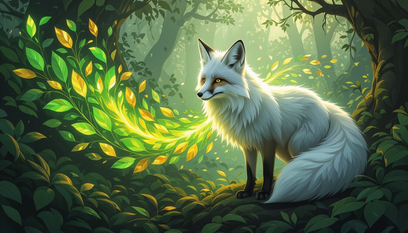 Silver Fox Wizard Casting Spells in Luminous Forest