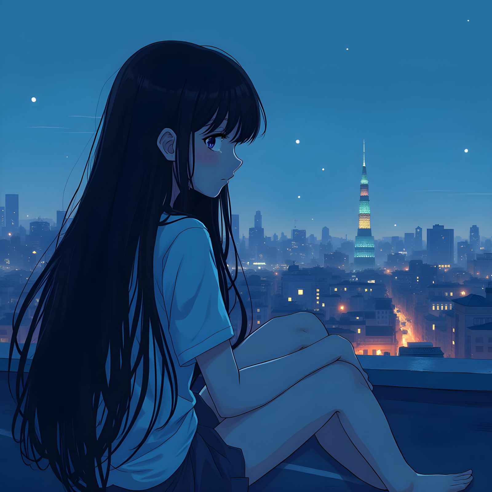 Serene Anime Girl on Rooftop, Lost in Thought, in Lofi Style
