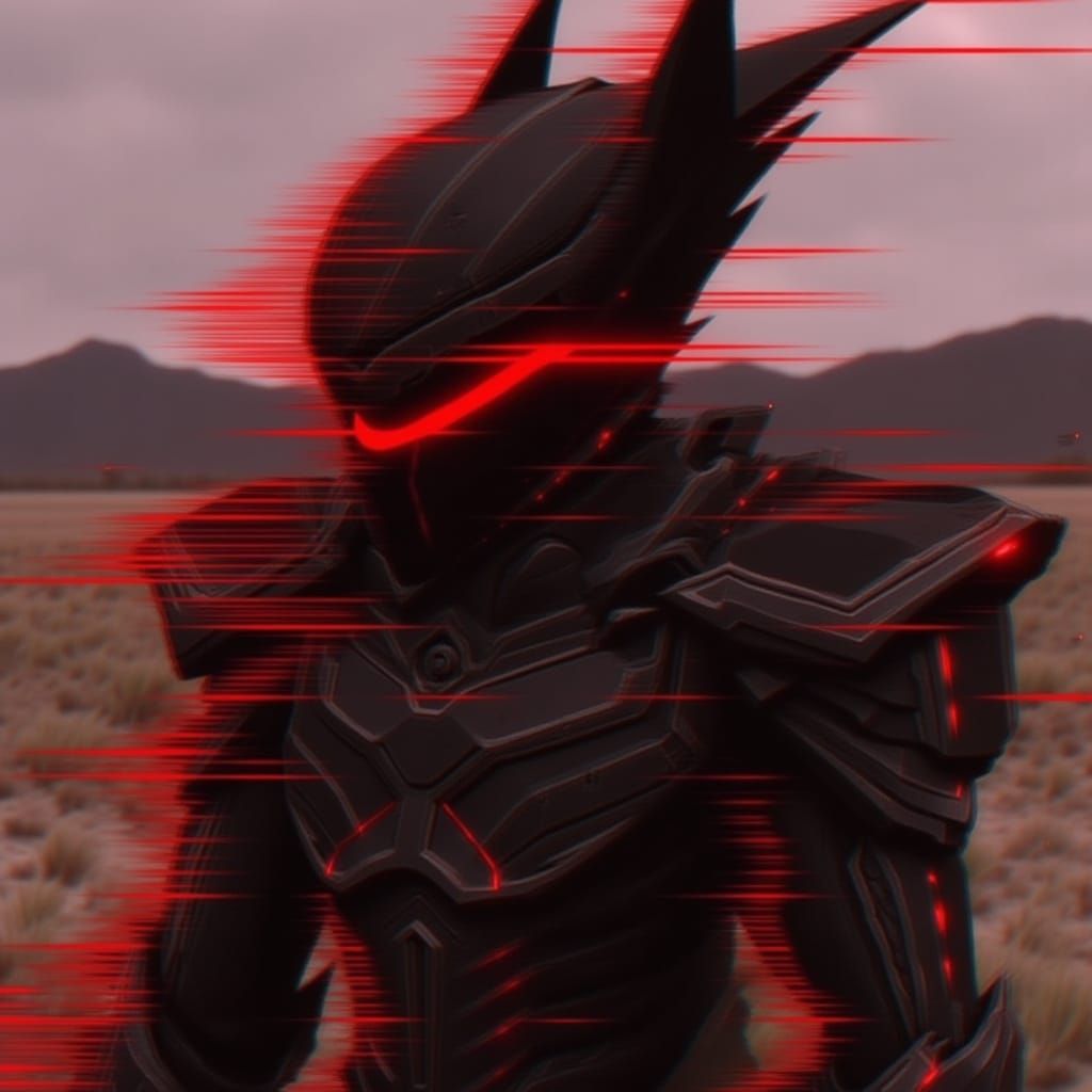 Armored Figure in Futuristic Red Glitch Landscape