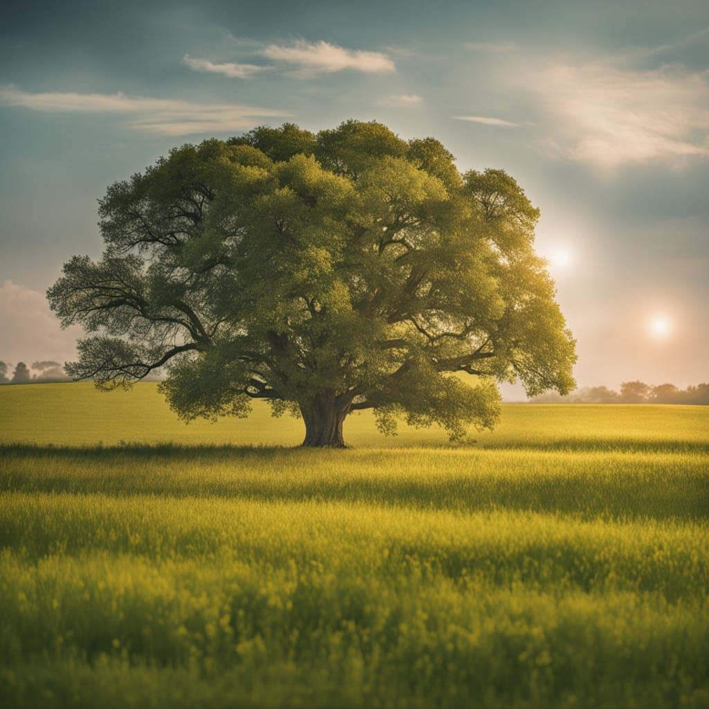 Lone Oak in Emerald Field at Golden Hour