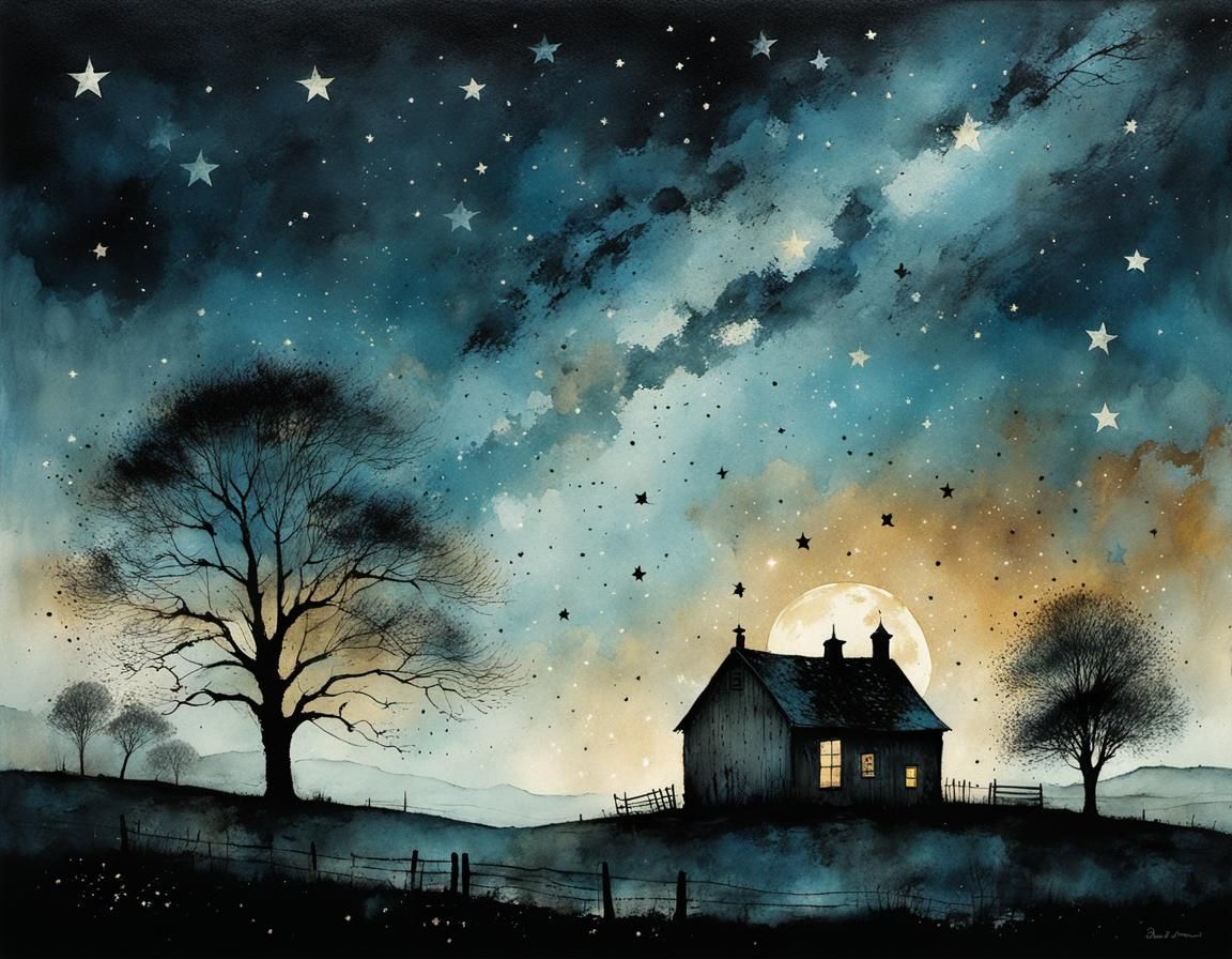 Distressed Painter Creates Starry Night Sky Watercolor