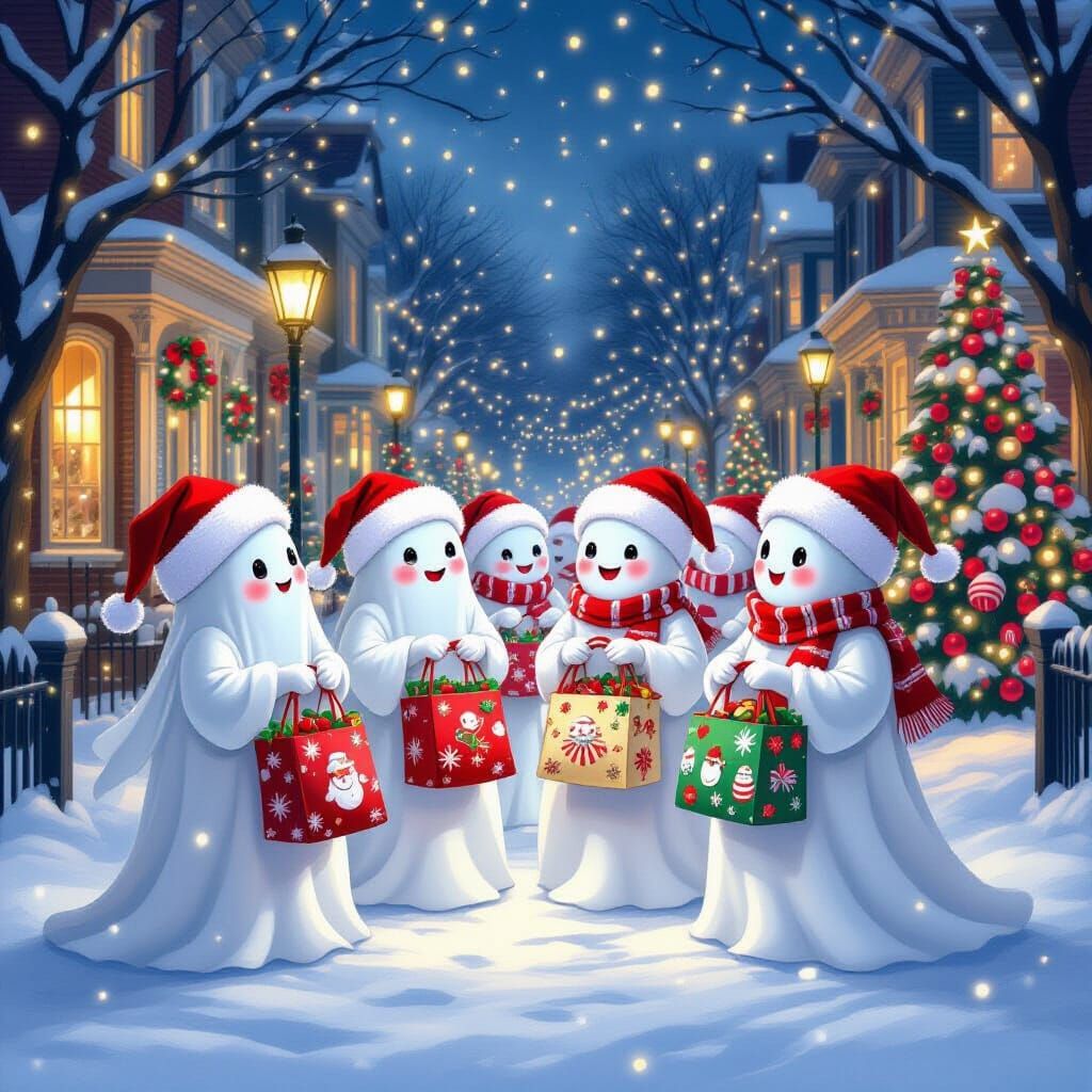 Ghosts Trick-or-Treating on a Snowy Victorian Christmas Stre...