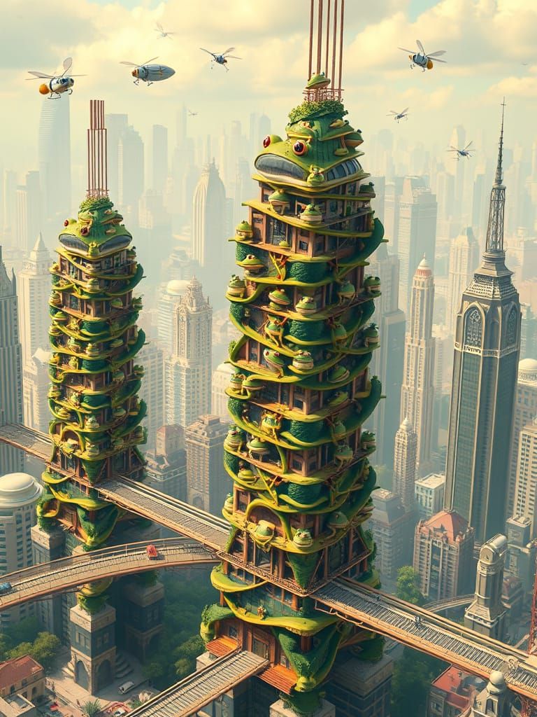 Surreal Frog Metropolis in Pastel Hues