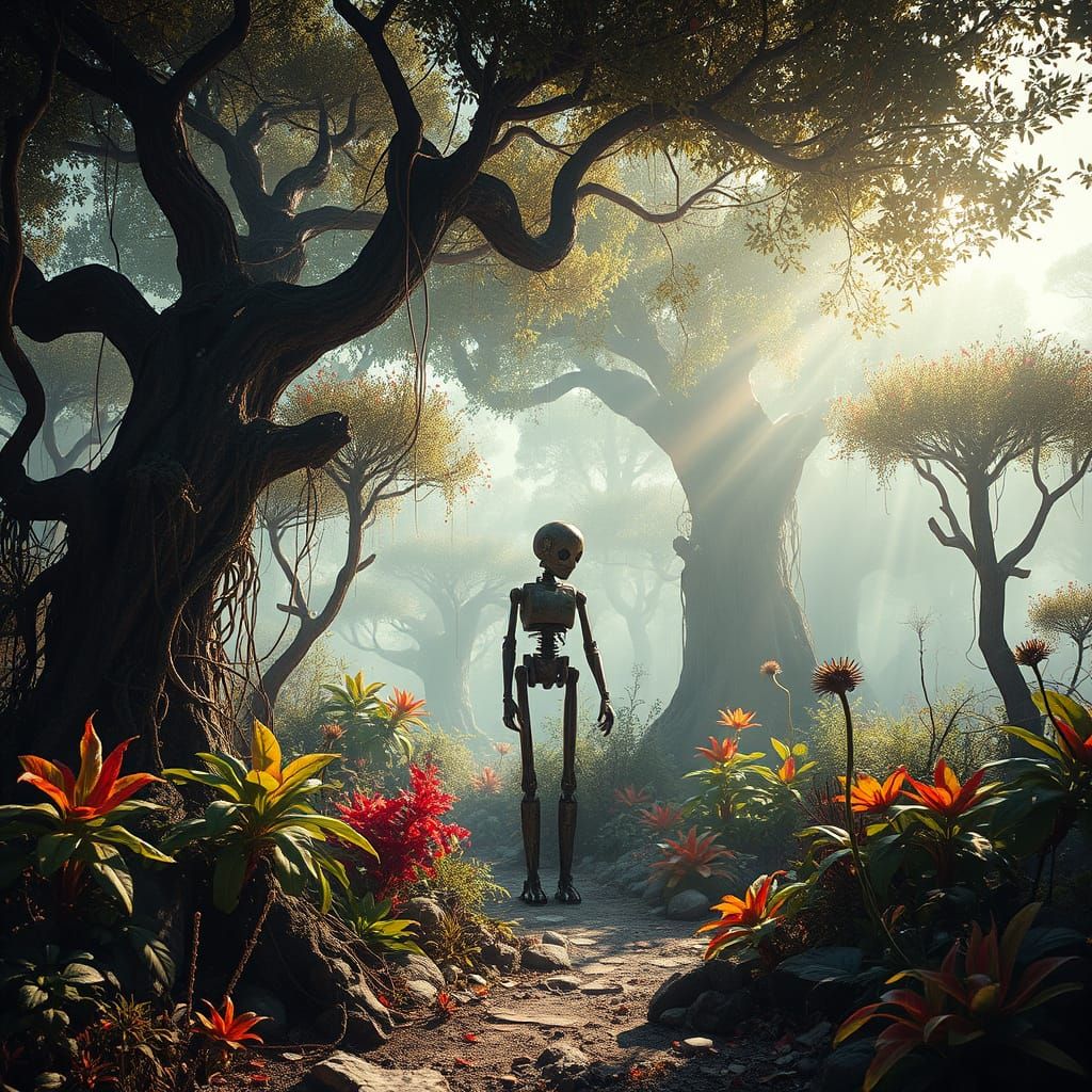 Weathered Automaton in Overgrown Alien Garden