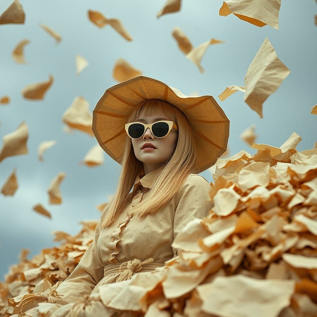 Albino Model in Paper Bag Fashion, Hyperrealistic Style