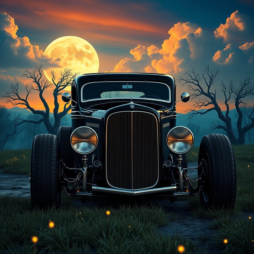 Glossy Black 1932 Ford in Mystical Moonlit Landscape