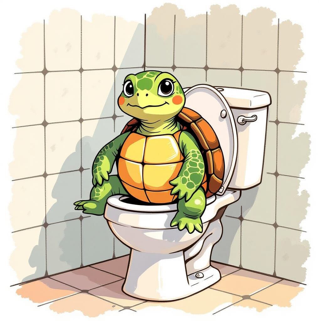 Whimsical Turtle on Toilet in Watercolor Style