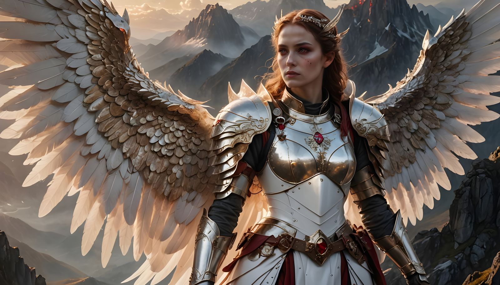 Hyperrealistic Woman with Wings and Ruby Armor