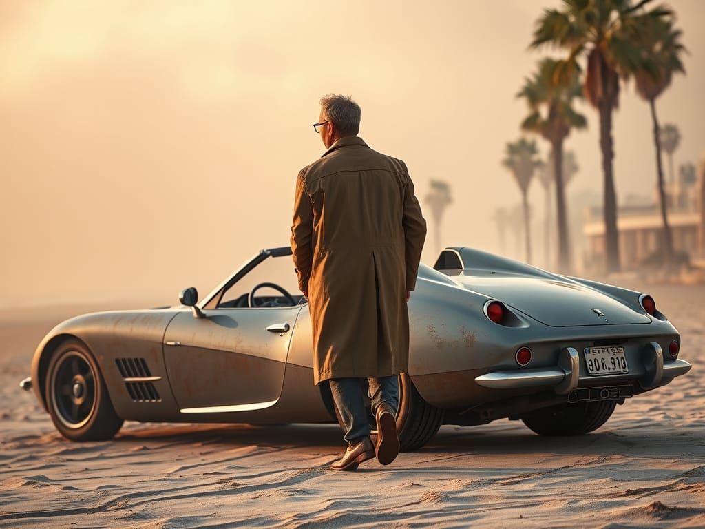 Retro-Futuristic Peugeot Convertible on a Foggy Beach at Sun...