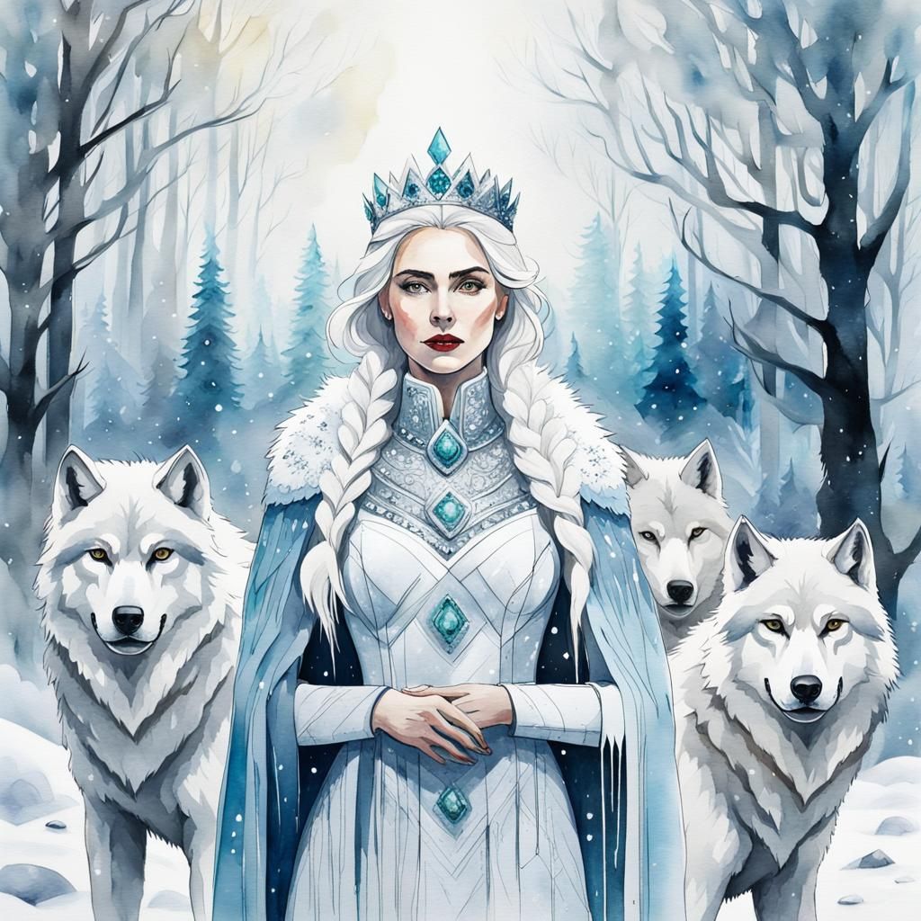 Ice Queen Protected by Wolves, Watercolour Painting
