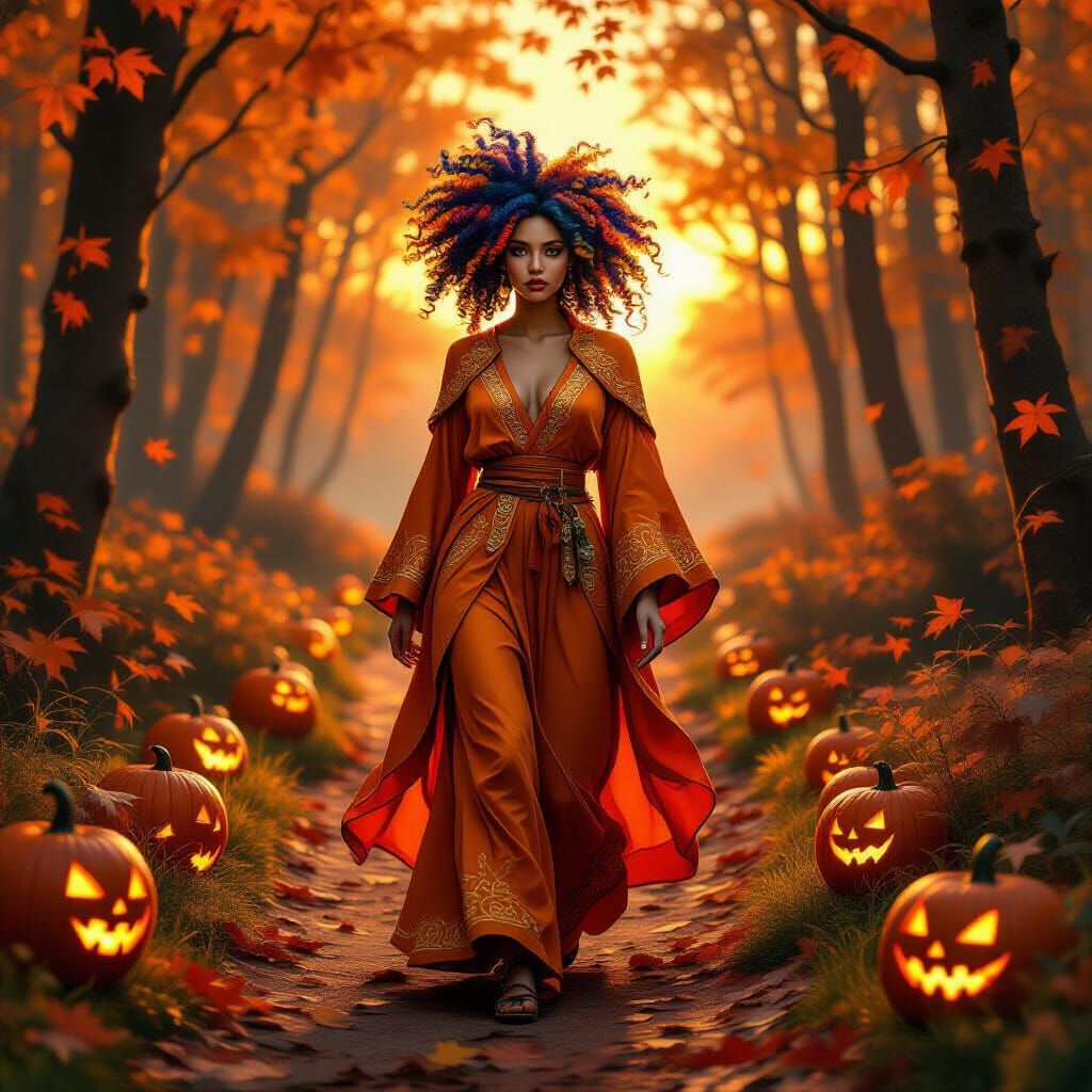 Giger-Inspired Woman in Autumn Pumpkin Forest