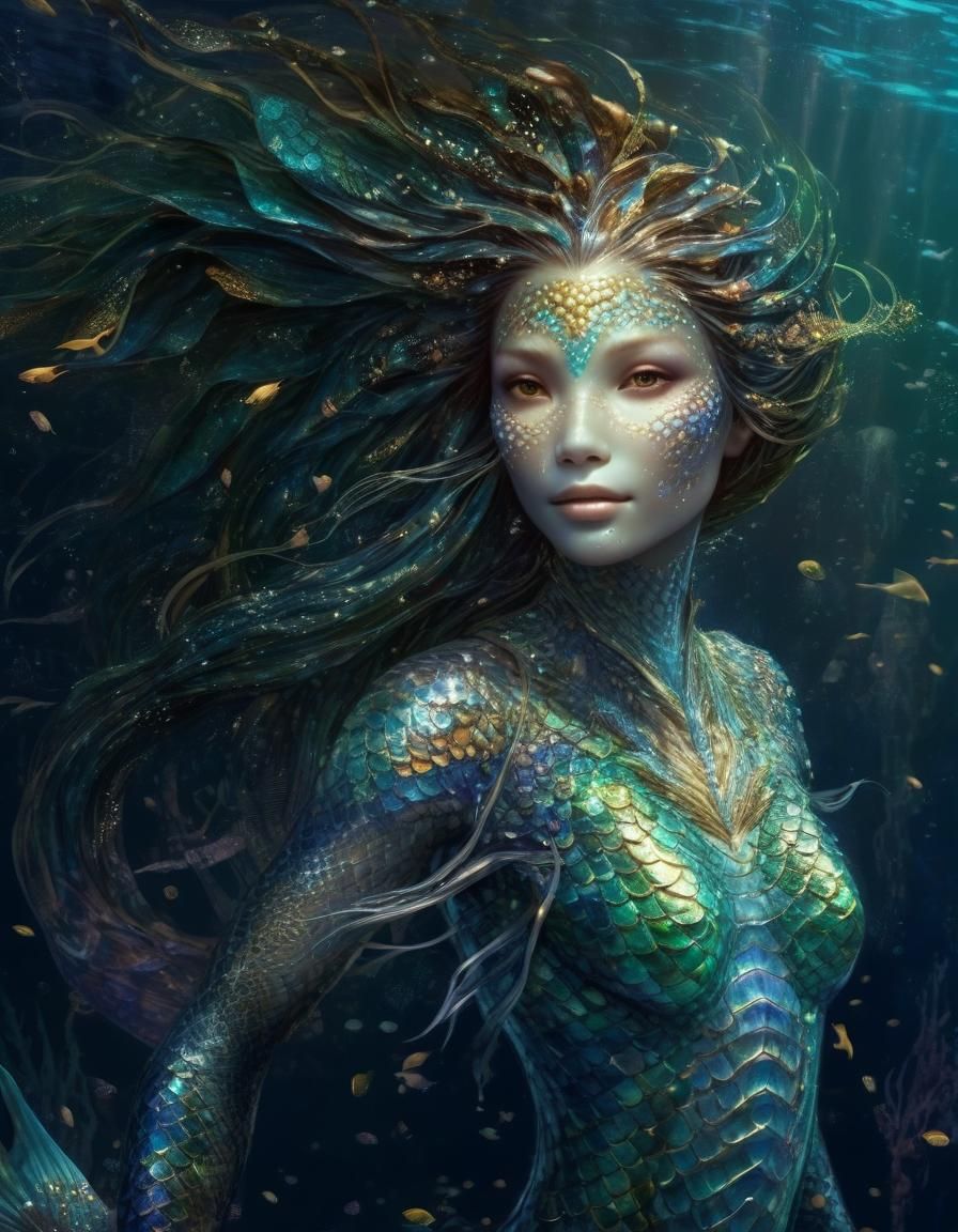 Surreal Mermaid Goddess with Bioluminescent Tail in Cool Col...