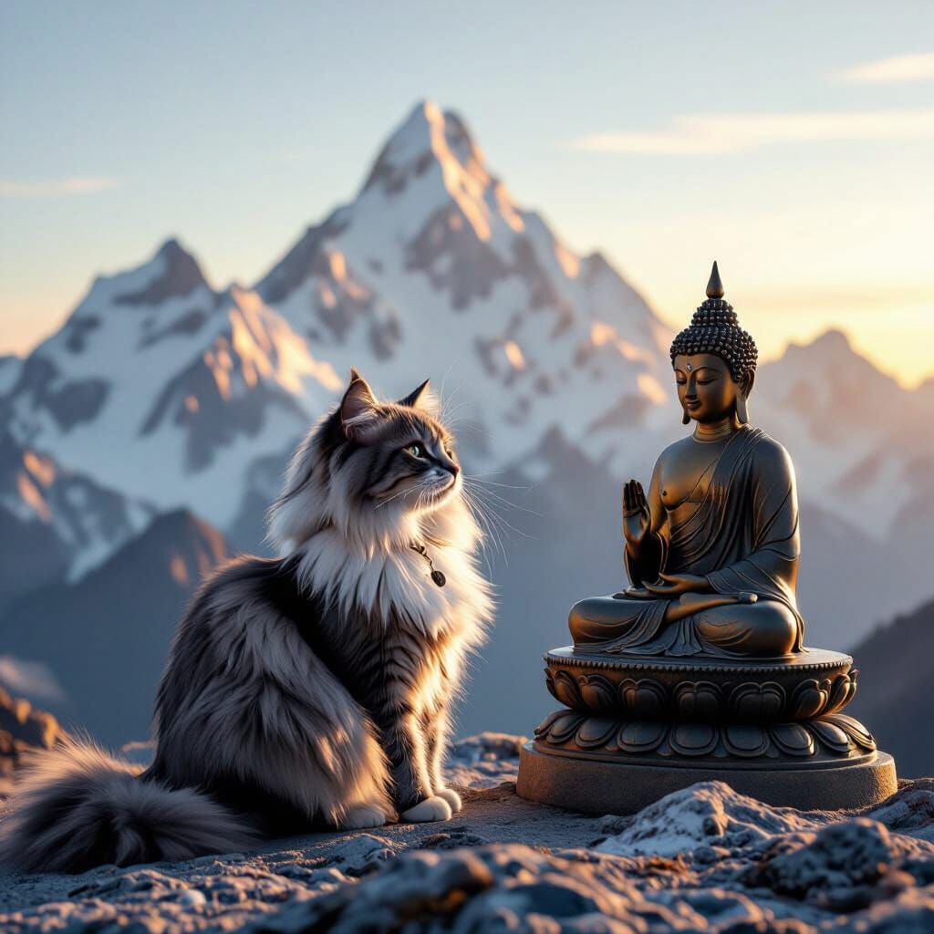 Fluffy Grey Cat Kneels Before Buddha Statue on Snowy Mountai...