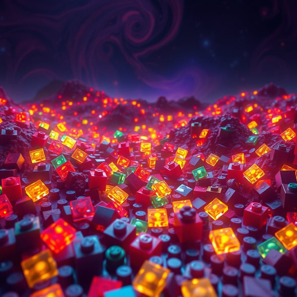 Glowing Lego Bricks in a Futuristic, Dreamlike Landscape