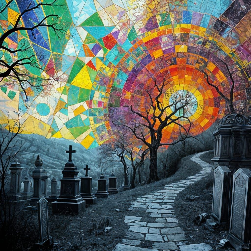 Ethereal Cemetery Kaleidoscope: Neo-Expressionist Oil Painti...