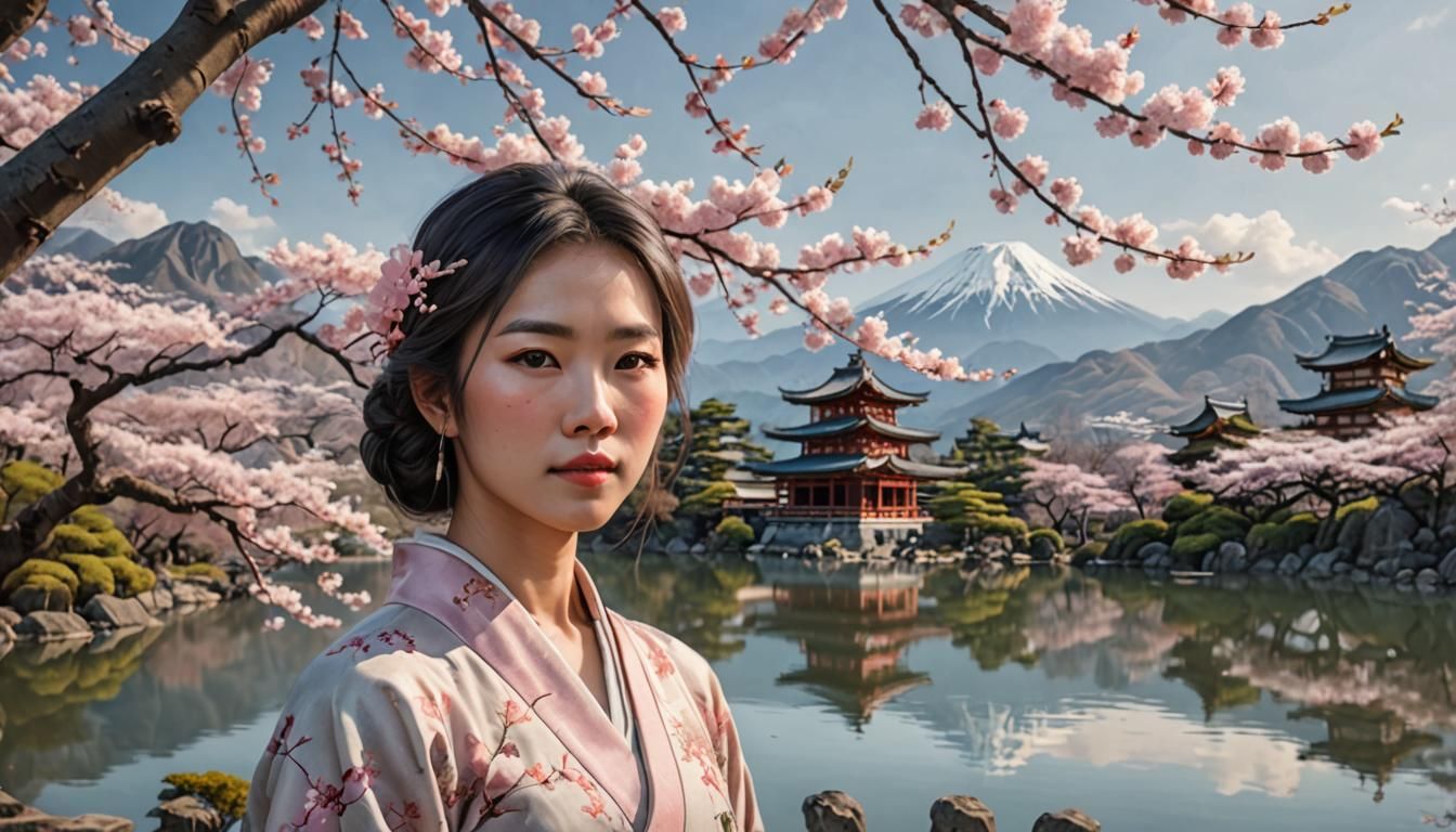 Photorealistic Portrait of Woman with Sakura Tree