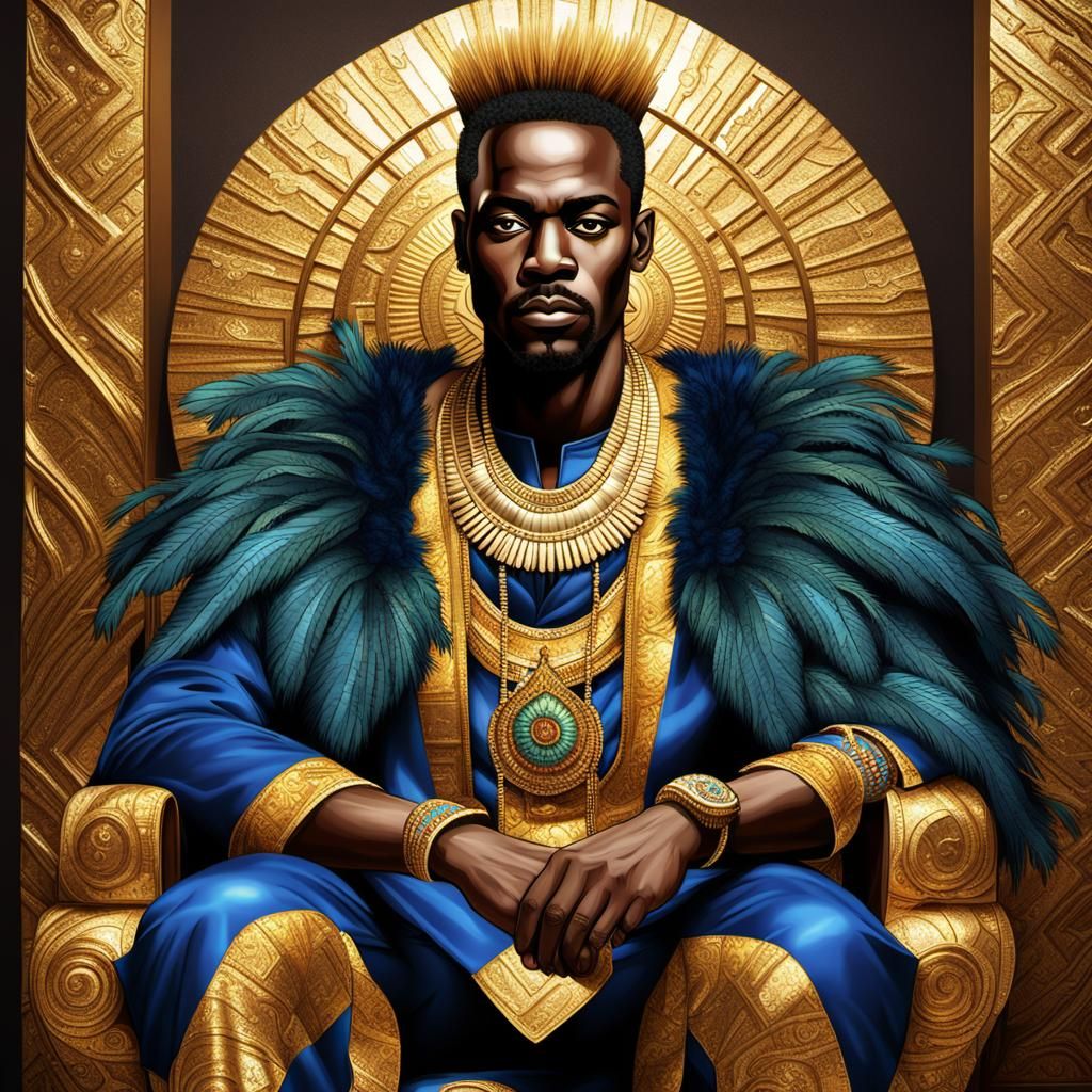 African Prince on Golden Throne in Opulent Room