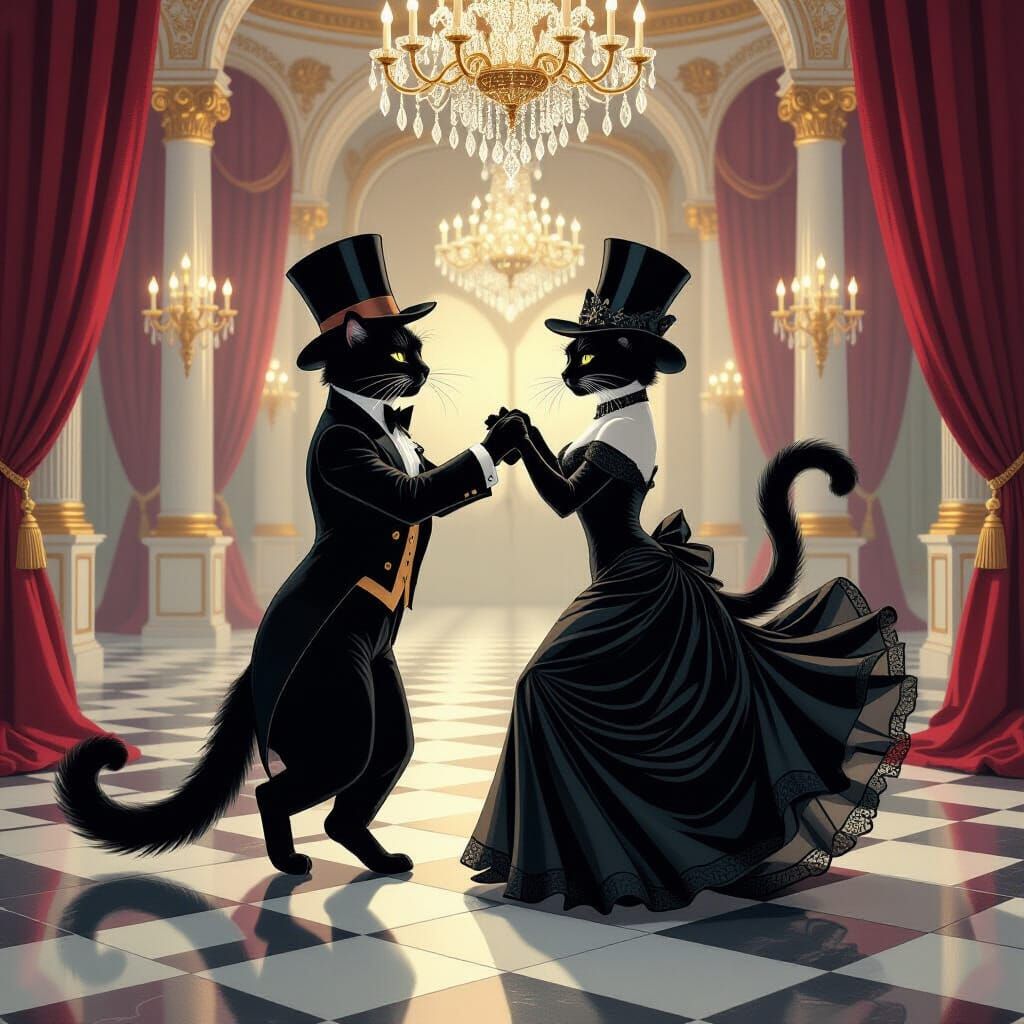 Elegant Cats Tango in Candlelit Ballroom