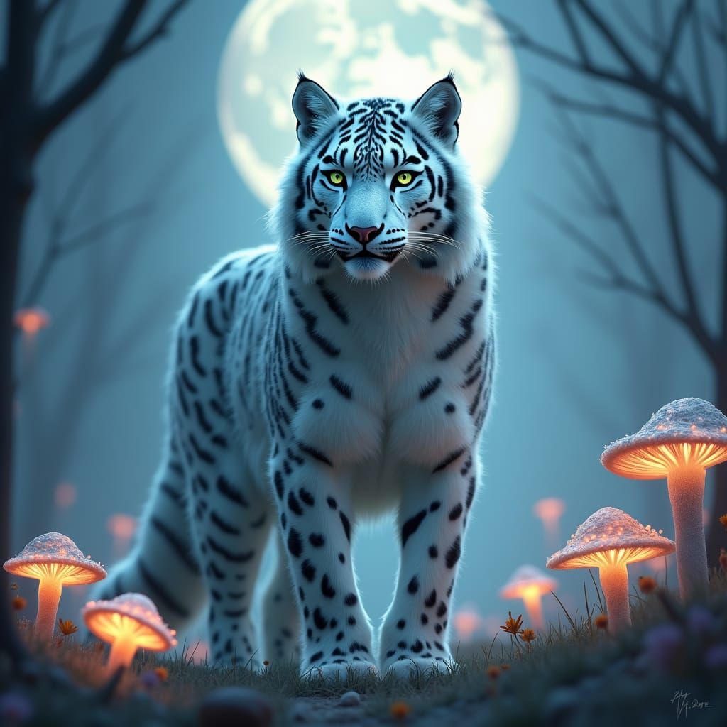 Snow Leopard, Tiger, Husky Hybrid in Fantasy Savannah