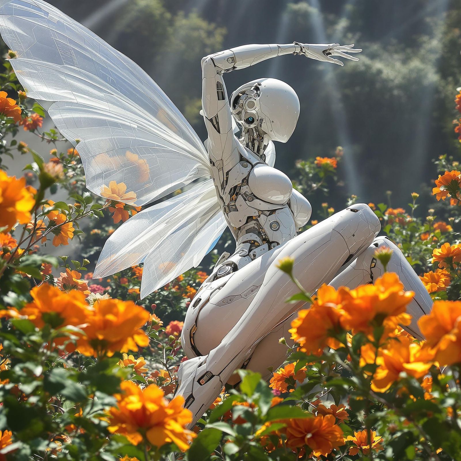 Futuristic Robot Fairy in Orange Flower Field