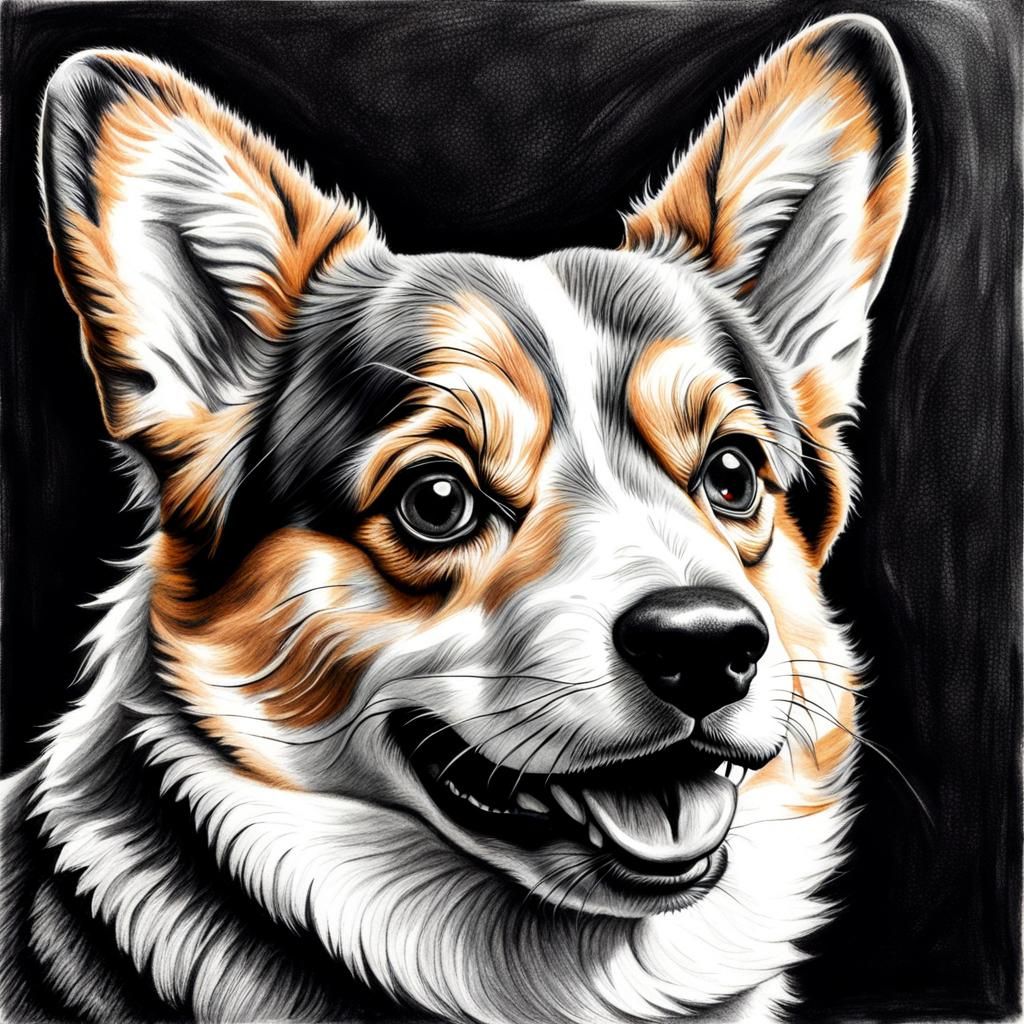 Hyperdetailed Charcoal Drawing of a Corgi