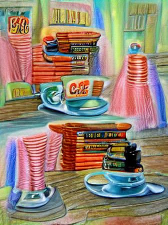1950s Pastel Cafe with Books in Gouache Style