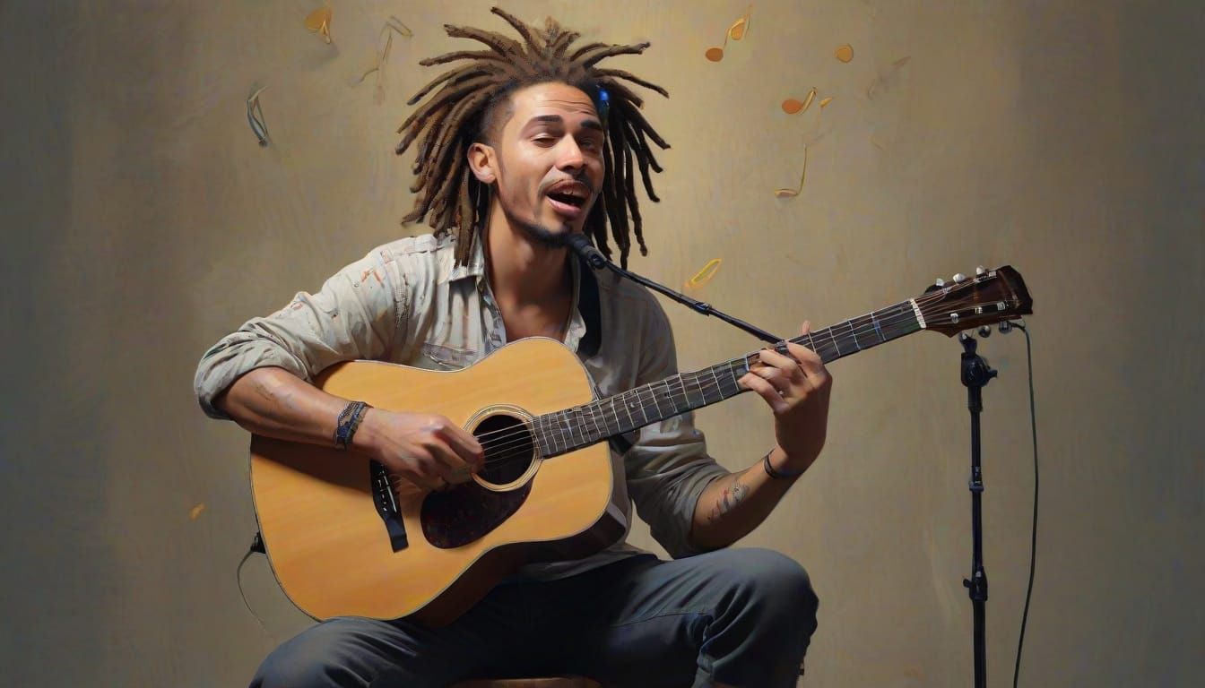 Man Plays Guitar with Musical Notes in Whimsical Gouache Sty...