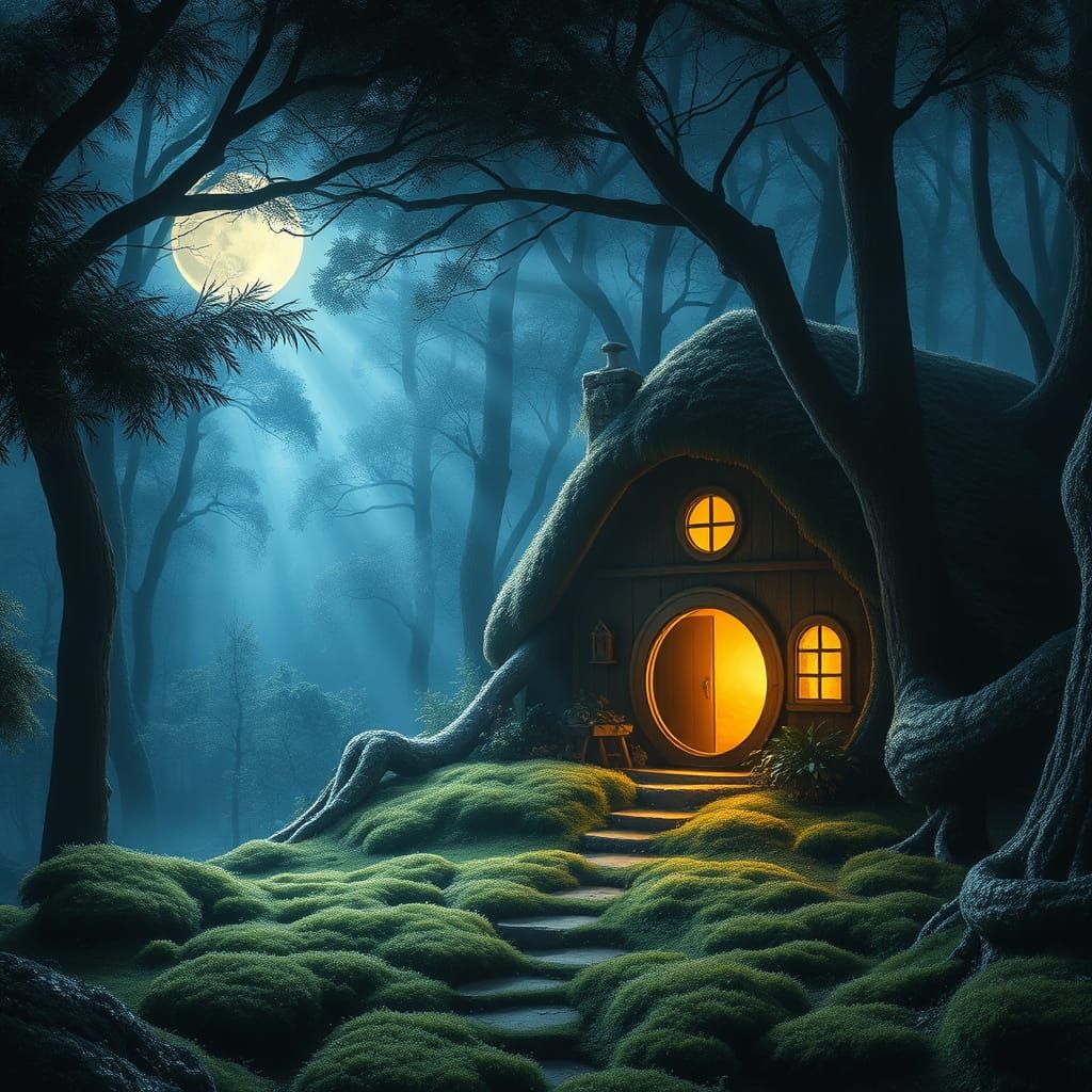 Cozy Hobbit Home in Moonlit Enchanted Forest
