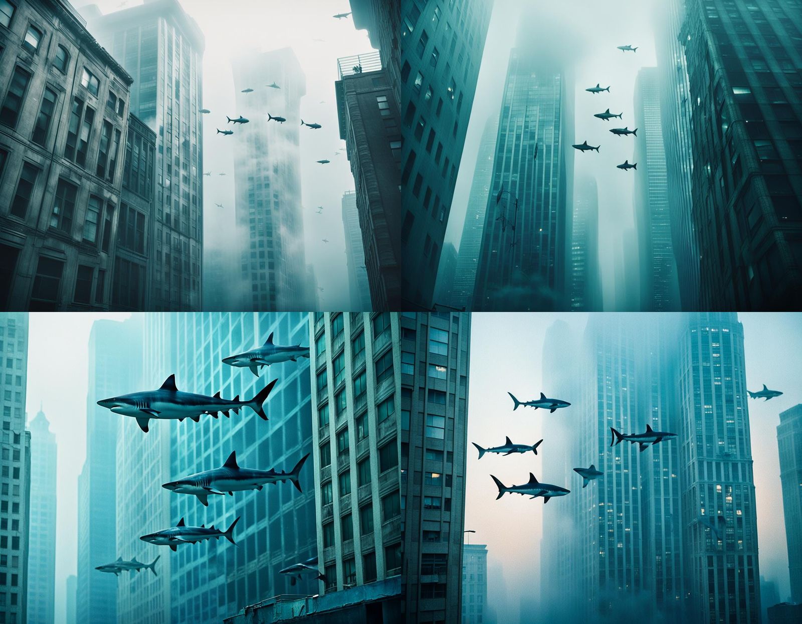 Mako Sharks Swim Through Downtown Buildings