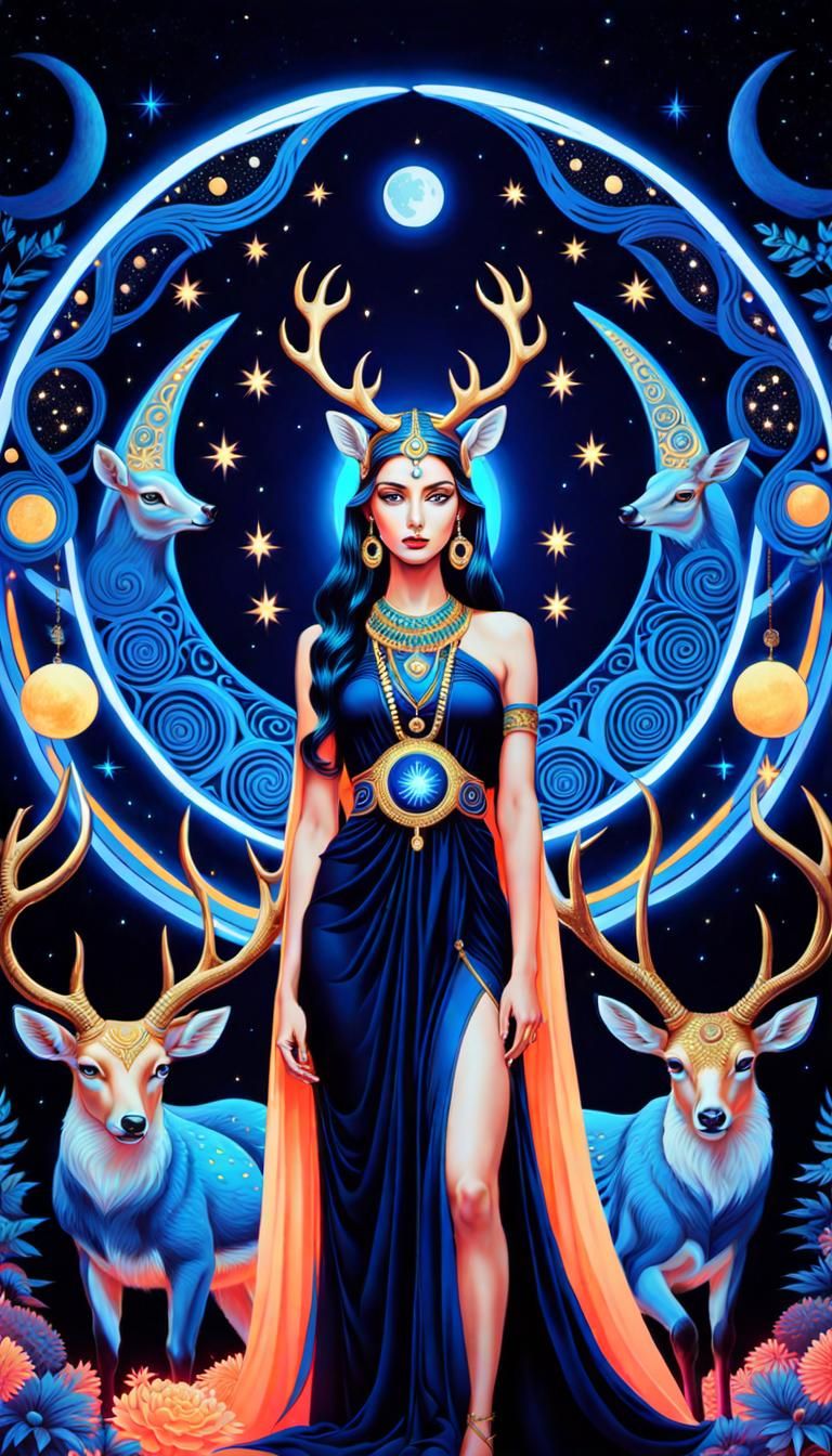 Psychedelic Artemis with Deer and Lunar Motifs