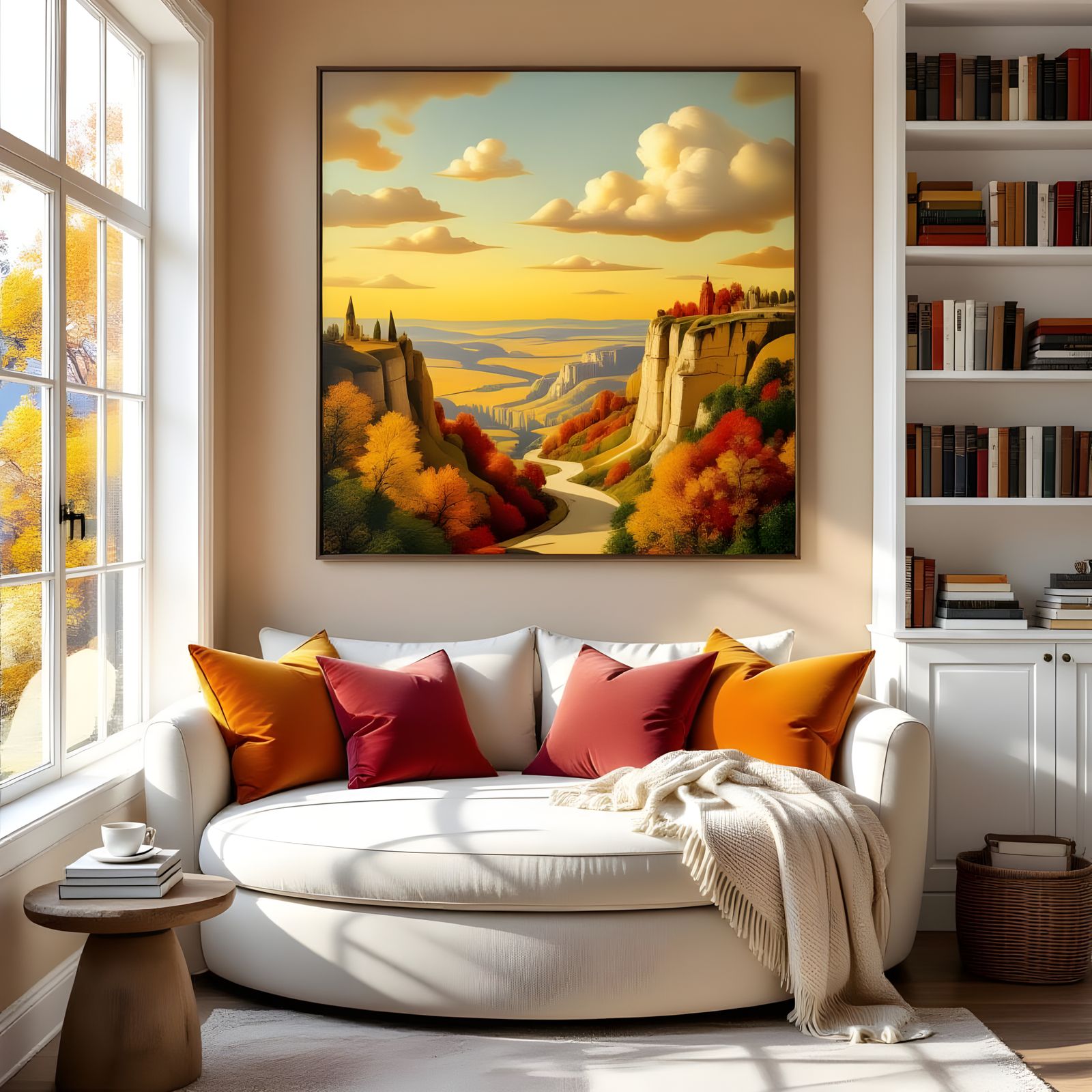 Cozy Reading Nook with Autumn View: Dali Style