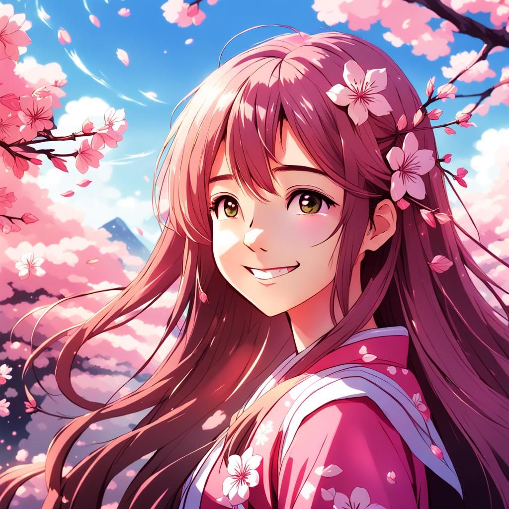 Beautiful Fantasy Woman in Cel-Shaded Sakura Wonderland