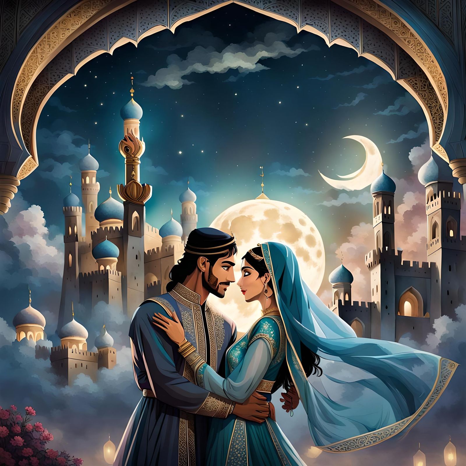 Mystical Arabian Night Scene with Couple and Castle