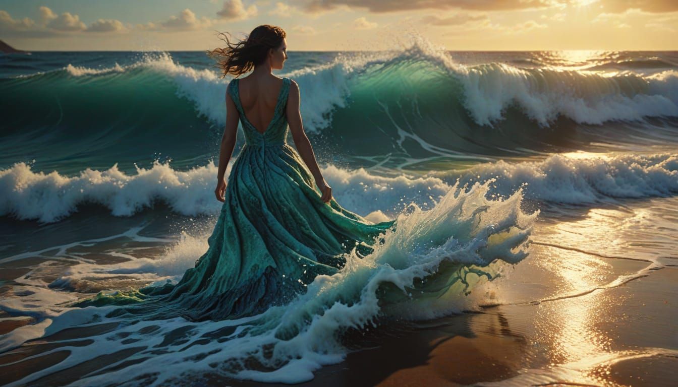Woman in Wave Dress: Hyperrealistic Concept Art