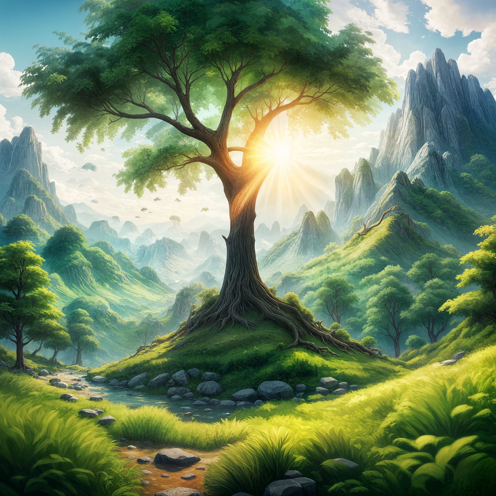 Pixellated Landscape: Matte Painting of Mountains and Trees