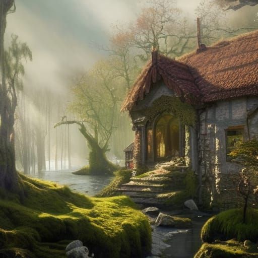 High Gothic Cottage in Fairycore Woodland, Hyperdetailed Art