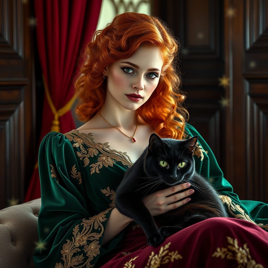 Elegant Redhead Woman in Emerald Green Velvet Gown