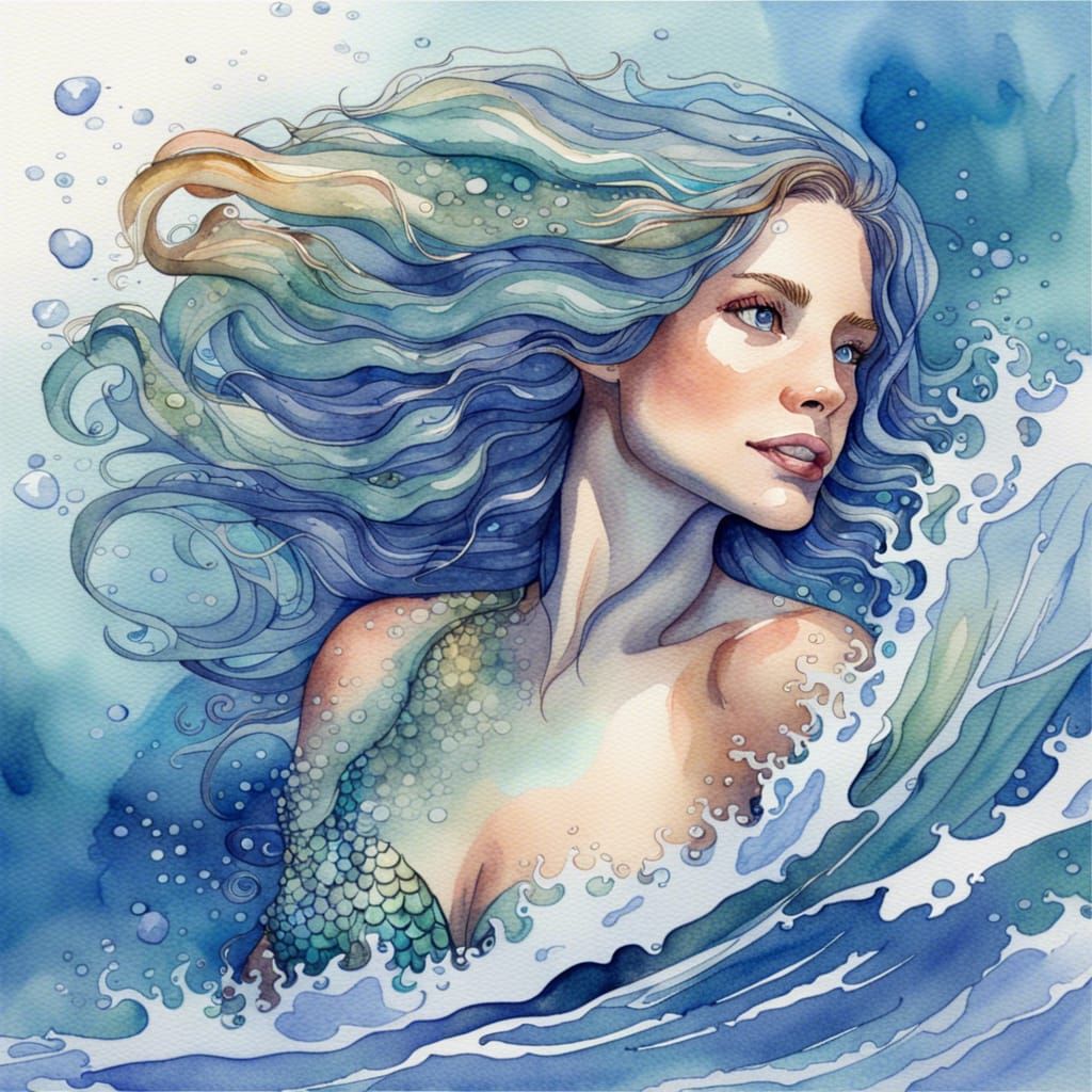 Watercolor Mermaid Swimming in Blue Ocean Surf
