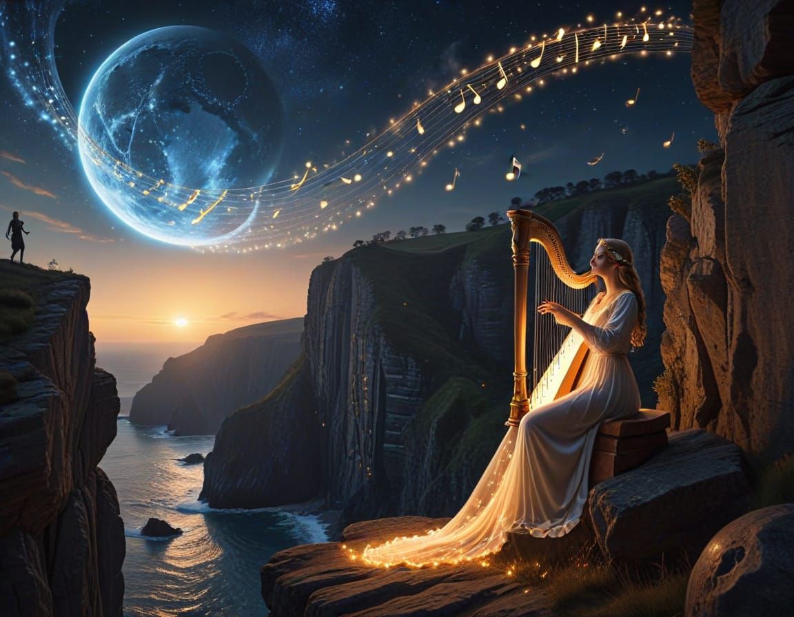 Ethereal Harpist Amidst Celestial Spheres