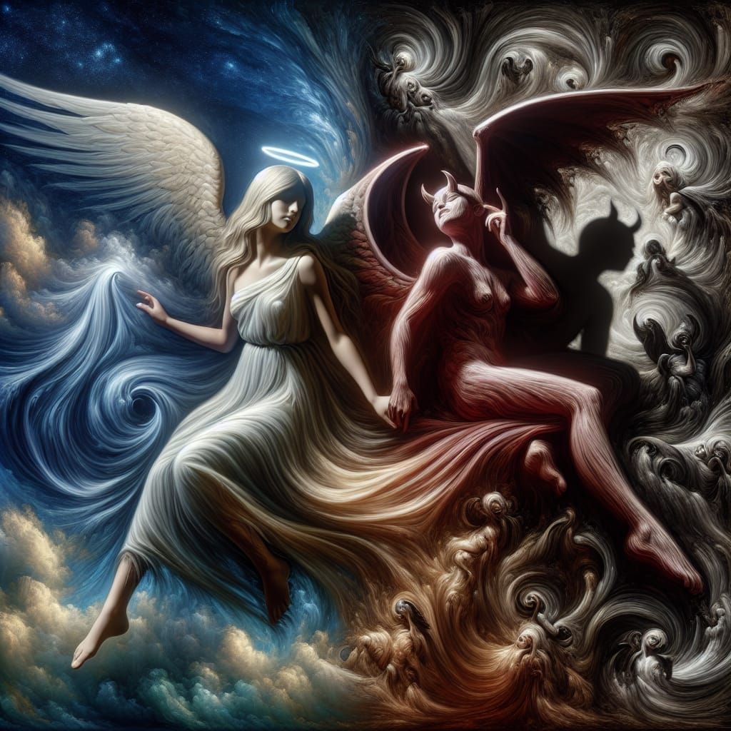 Angel of Serenity and Devil of Mystery in Trompe-l'œil Illus...