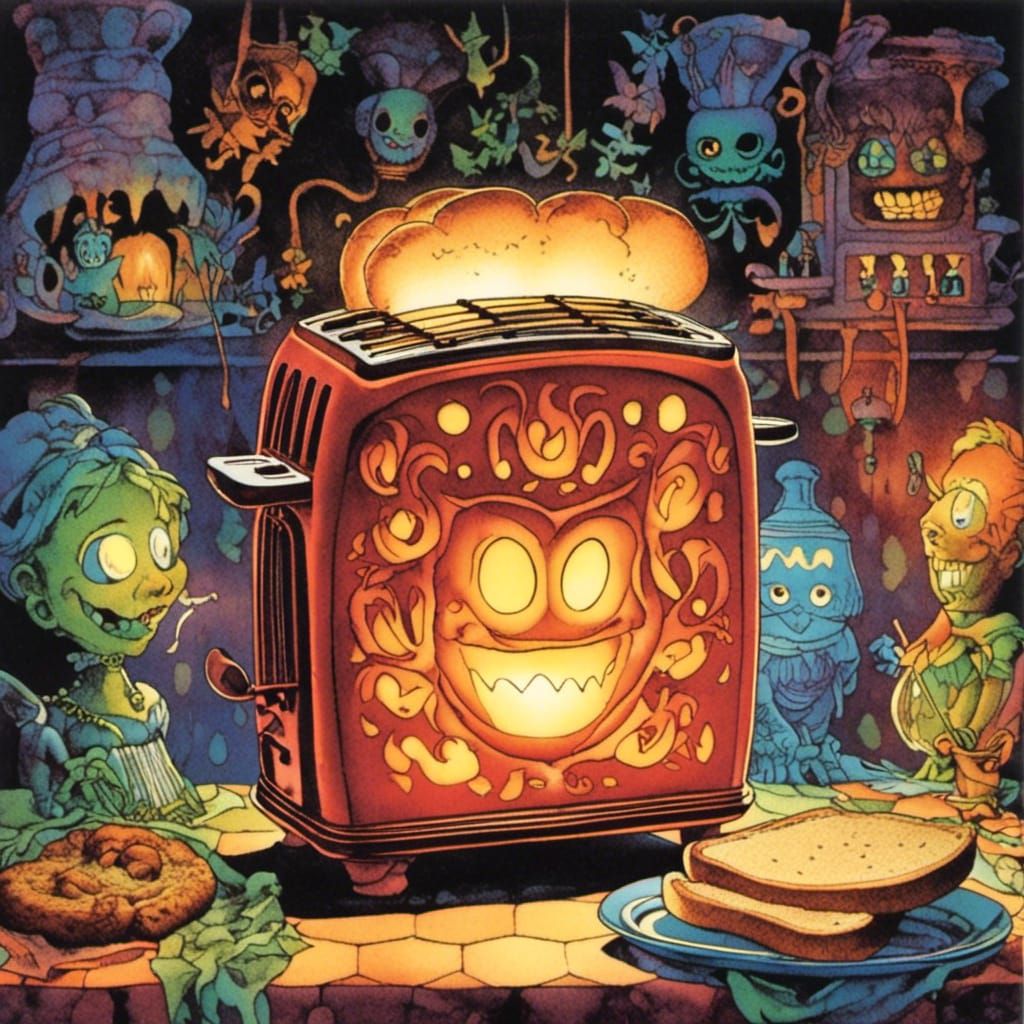 Spooky Glowing Toaster with Bread in Kitchen