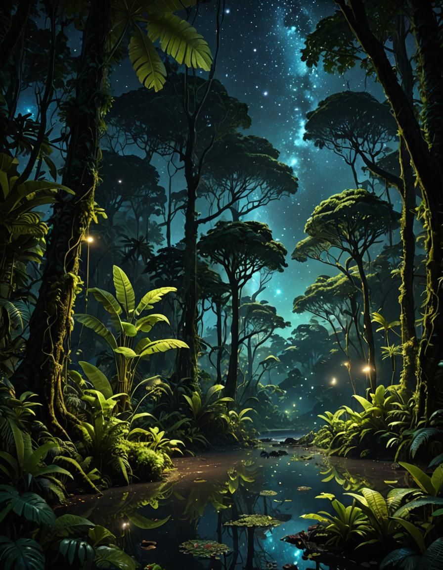 Bioluminescent Rainforest at Night, Detailed Matte Painting