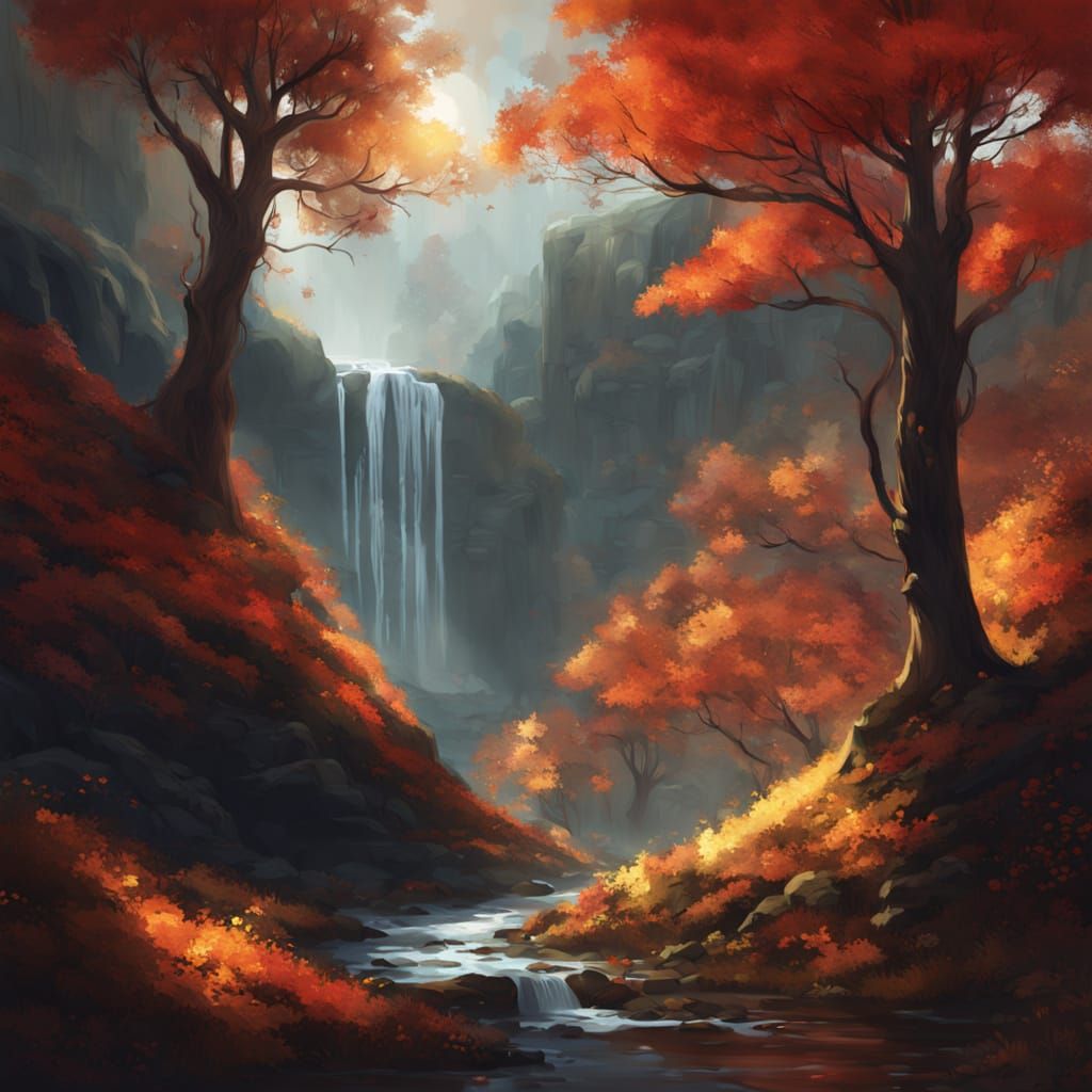 Autumn Waterfalls Cascading Down Mountainside in Concept Art...