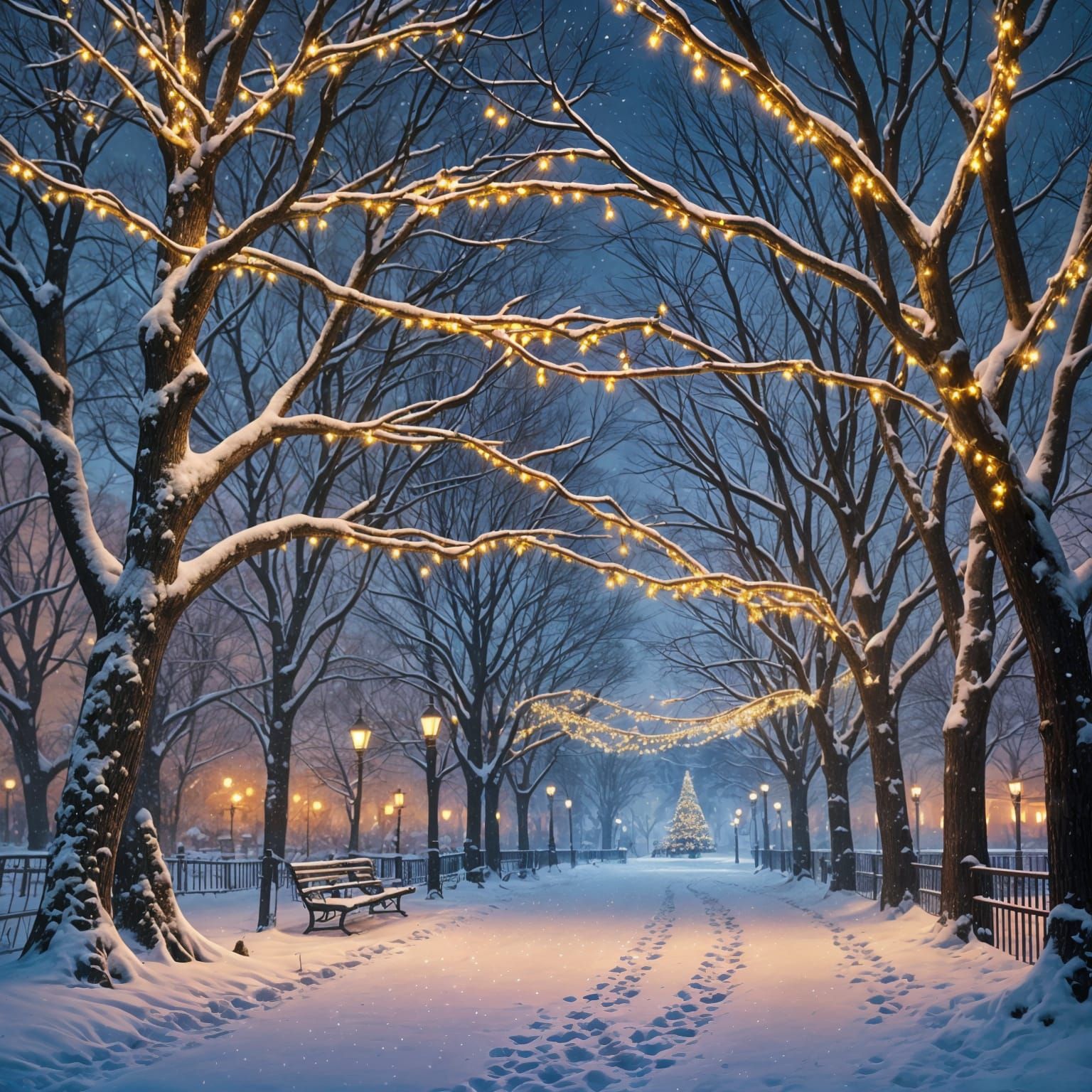 Enchanting Snowy Christmas Park at Night