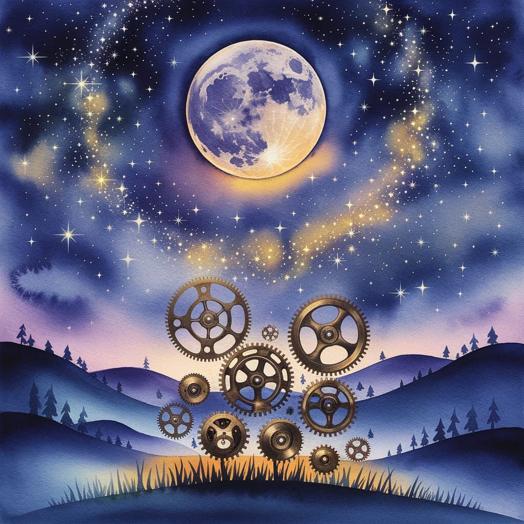 Watercolor Night Sky with Moon, Gears, and Stars
