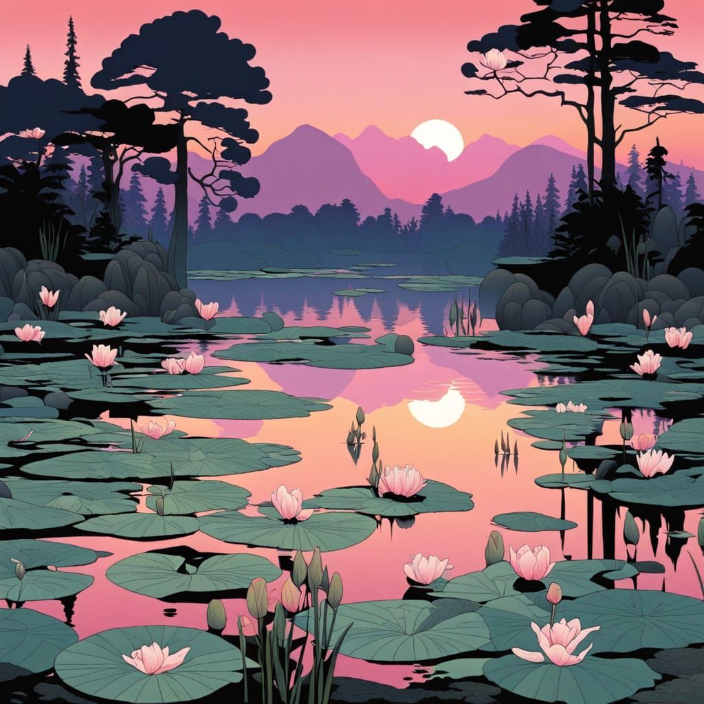 Lilies at Pink Sunset, Art Nouveau Style