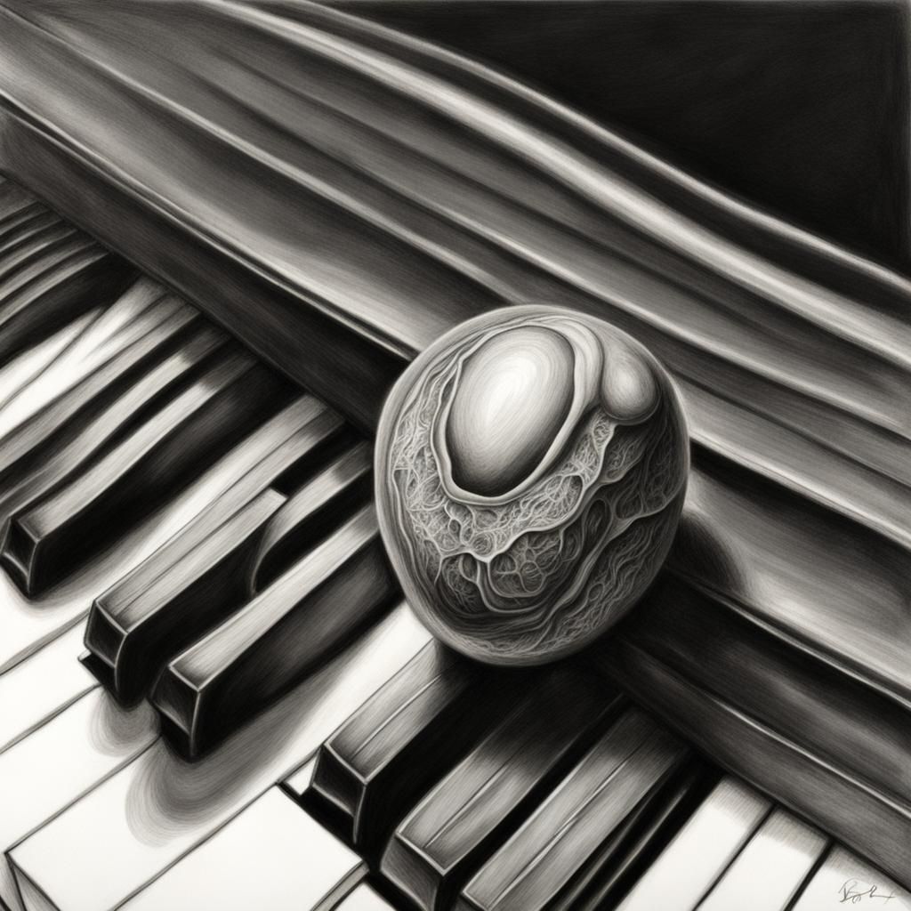 Embryo on Piano: Hyperdetailed Charcoal Drawing