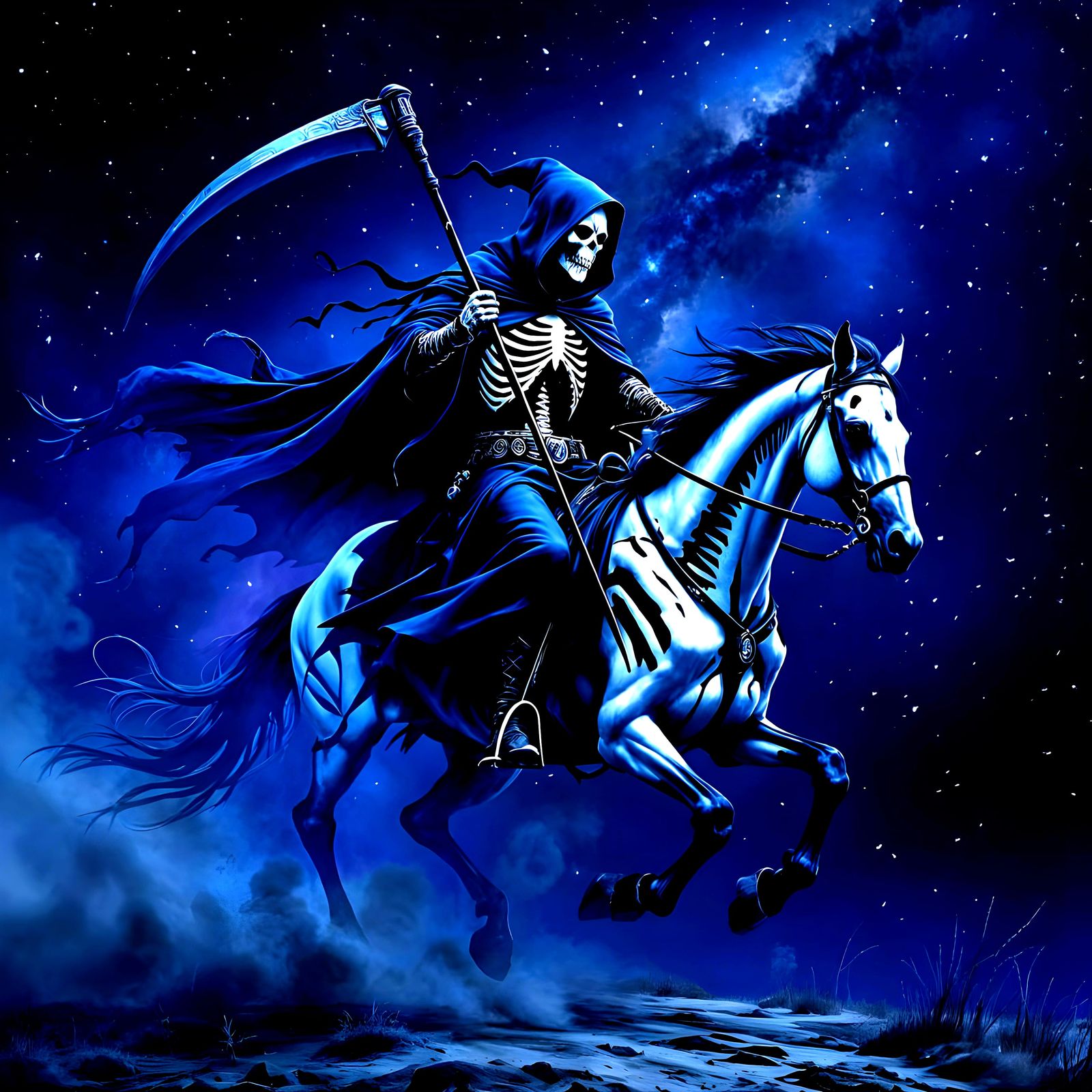 Grim Reaper Gallops on Skeletal Horse in Fantasy Art Style